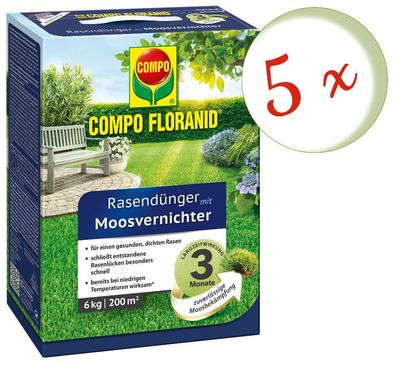 5 x COMPO Floranid® Rasendünger mit Moosvernichter, 6 kg
