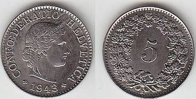 5 Rappen Nickel Münze Schweiz 1943