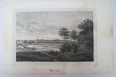 alter Stich mit Stadtansicht von Borna um 1850