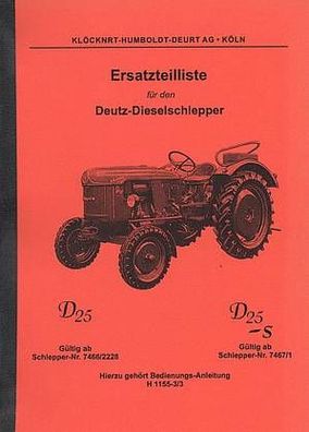 Ersatzteilliste Deutz Diesel Schlepper D25 / D25S, Luftgekühlt, Trecker, Traktor