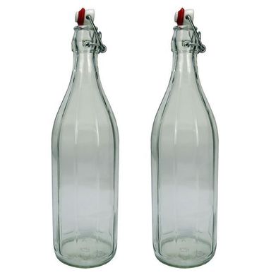 2x Design Glasflasche mit Bügelverschluss, Bügelflasche 1 Liter / 1000 ml / 100 cl