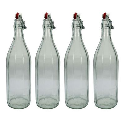 4x Design Glasflasche mit Bügelverschluss, Bügelflasche 1 Liter / 1000 ml / 100 cl