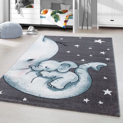Kinderteppich Kurzflor Elephant Kinderzimmer Babyzimmer Grau Blau Meliert