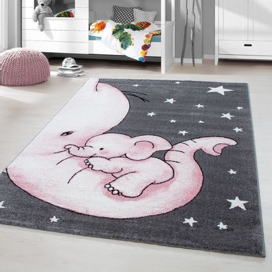 Kinderteppich Kurzflor Elephant Kinderzimmer Babyzimmer Grau Pink Meliert
