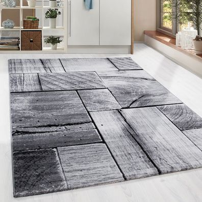 Moderner Design Holzstruktur Teppich Kurzflor Wohnzimmer Schwarz Grau meliert