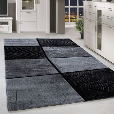 Moderner Design Teppich Kurzflor abstrakt Karo Gemustert Grau Schwarz Meliert