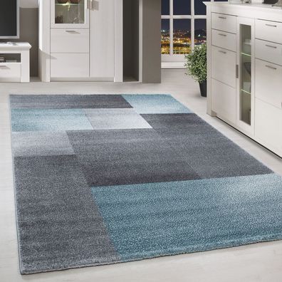 Moderner Design Teppich Kurzflor Kariert Gemustert Wohnzim. Grau Blau Meliert