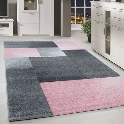 Moderner Design Teppich Kurzflor Kariert Gemustert Wohnzim. Grau Pink Meliert