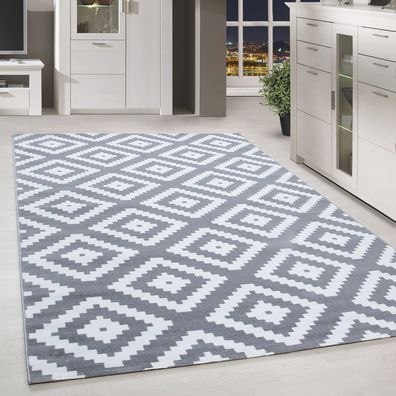 Moderner Kurzflor Teppich Karo geometrisch Grau Weiss Meliert Wohnzimmer