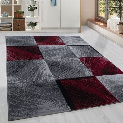 Moderner Kurzflor Teppich Karo Baumrinde Wohnzimmer Grau Schwarz Red Meliert