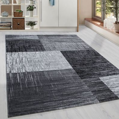 Moderner Kurzflor Teppich Karo geometrisch Grau Schwarz Weiss Meliert Wohnzimmer