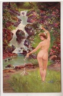 44895 Erotik Ak nackte Dame mit Wasserfall um 1910