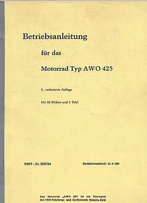 Betriebsanleitung und Reparaturanleitung AWO 425, Motorrad, DDR Oldtimer