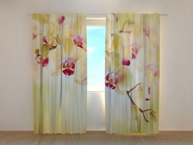 Fotogardine goldene Orchideen, Vorhang bedruckt, Fotovorhang mit Foto, nach Maß