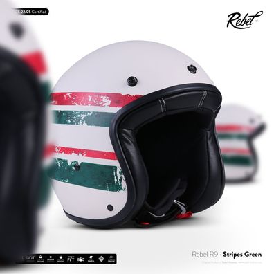 Rebel R9 Stripes-Green Jethelm Jet Roller Mofa Helm Motorrad Retro ECE XS-XXL