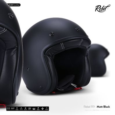 Rebel R9 Matt-Black - Jethelm Jet Roller Helm Motorrad Retro schwarz XS-XXL