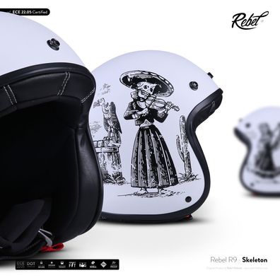 Rebel R9 Skeleton - Jethelm Jet Roller Vespa Mofa Helm Motorrad Retro ECE XS-XXL