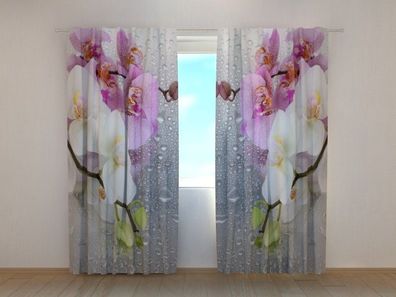 Fotogardine Orchideen und Tropfen, Vorhang bedruckt, Fotovorhang mit Foto, nach Maß