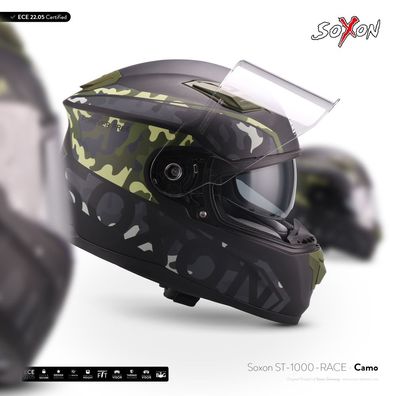 SOXON ST-1000 RACE CAMO Integral-helm ? Motorrad-helm FULL-FACE ROLLER ? XS–XXL