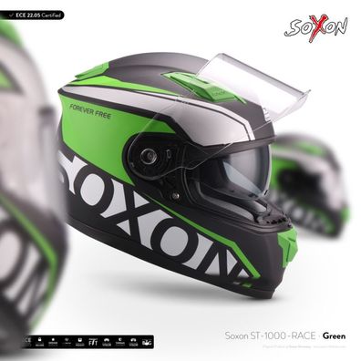 SOXON ST-1000 RACE GREEN Integral-helm ? Motorrad-helm FULL-FACE ROLLER ? XS–XXL