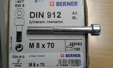 DIN 912 Zylinderschrauben mit Innensechskant, M 8 x 70 Edelstahl 100 Stk