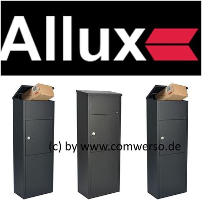Allux 600 Paketbriefkasten in schwarz mit Montagefuß in schwarz, Entnahme vorne
