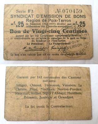 25 Centimes Banknote Frankreich Region Poix Terron 1917