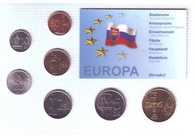 Folie mit Kursmünzsatz mit 7 Münzen Slowakei
