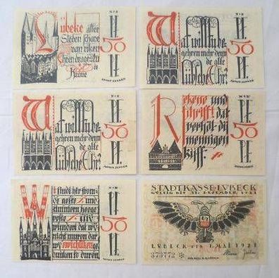 6 Banknoten Notgeld Stadtkasse Lübeck 1921