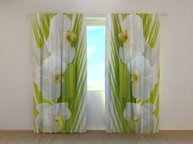 Fotogardine Palmenblatt und Orchideen, Vorhang bedruckt, Fotovorhang, nach Maß