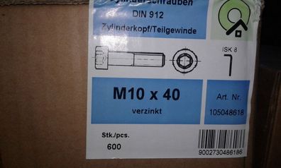 DIN 912 Zylinderschrauben mit Innensechskant, M 10 x 40 8.8 VZ 10 Stk