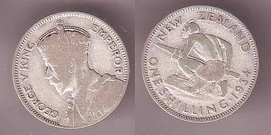 1 Schilling Silber Münze Neuseeland 1934 Maori Krieger