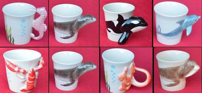 Keramikbecher, div Meeresgetier als Henkel Seepferdchen, Seestern Delfin 10 cm
