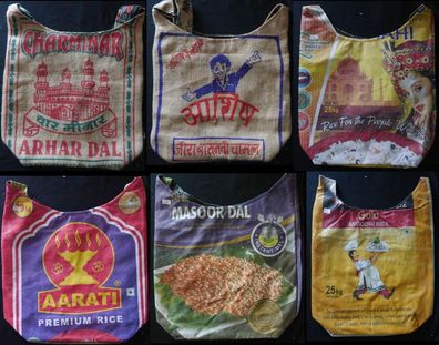 Tasche Öko Einkaufsbeutel recycling Jute & PP viele Muster gebr. Reissäcke Nepal
