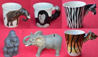 Spardose & Becher Keramik wilde Tiere Elefant Gorilla Spartopf