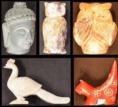 Buddha & Tiere aus Speckstein top: Eule Elefant Katze Globus etc handgearbeitet