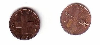 1 Rappen Kupfer Münze Schweiz 1986
