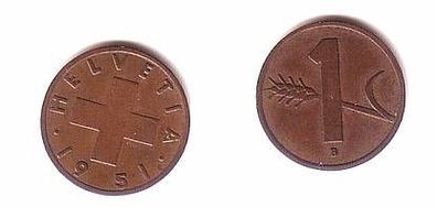 1 Rappen Kupfer Münze Schweiz 1951