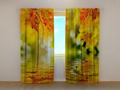 Fotogardine Goldene Blätter, Vorhang bedruckt, Fotodruck, Fotovorhang, nach Maß