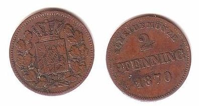 2 Pfennig Kupfer Münze Bayern 1870