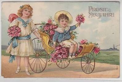 45840 Neujahrs Ak Kinder mit Blumen und Dreirad 1907