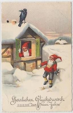 45857 Neujahrs Ak Zwerge und Rabe im Schnee 1928