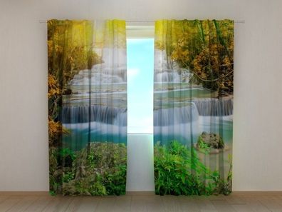 Fotogardine Wasserfall im Herbst, Vorhang bedruckt, Fotovorhang mit Motiv, nach Maß