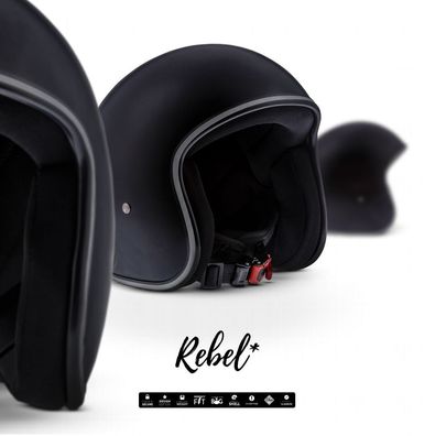 REBEL R2 MATT BLACK Jet-Helm Vespa Roller Motorrad-Helm Chopper Scooter Schwarz XS-XL