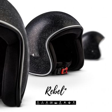 REBEL R2 FLAKES BLACK Jet-Helm Vespa Roller Motorrad-Helm Retro Chopper Schwarz XS-XL