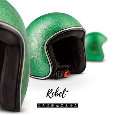 REBEL R2 FLAKES GREEN Jet-Helm Vespa Roller Motorrad-Helm Retro Chopper Grün XS-XL
