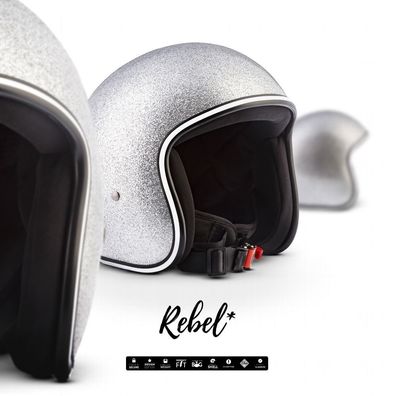 REBEL R2 FLAKES SILVER Jet-Helm Vespa Roller Motorrad-Helm Retro Chopper Silber XS-XL