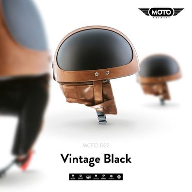 MOTO D22 Vintage Black JET-HELM Roller Vespa Motorrad-Helm Retro Mofa Leder S-XXL
