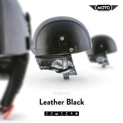 MOTO D22 Leather Black JET-HELM Roller Vespa Motorrad-Helm Retro Mofa Leder S-XXL