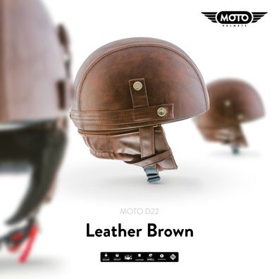MOTO D22 Leather Brown JET-HELM Roller Vespa Motorrad-Helm Retro Mofa Leder S-XXL
